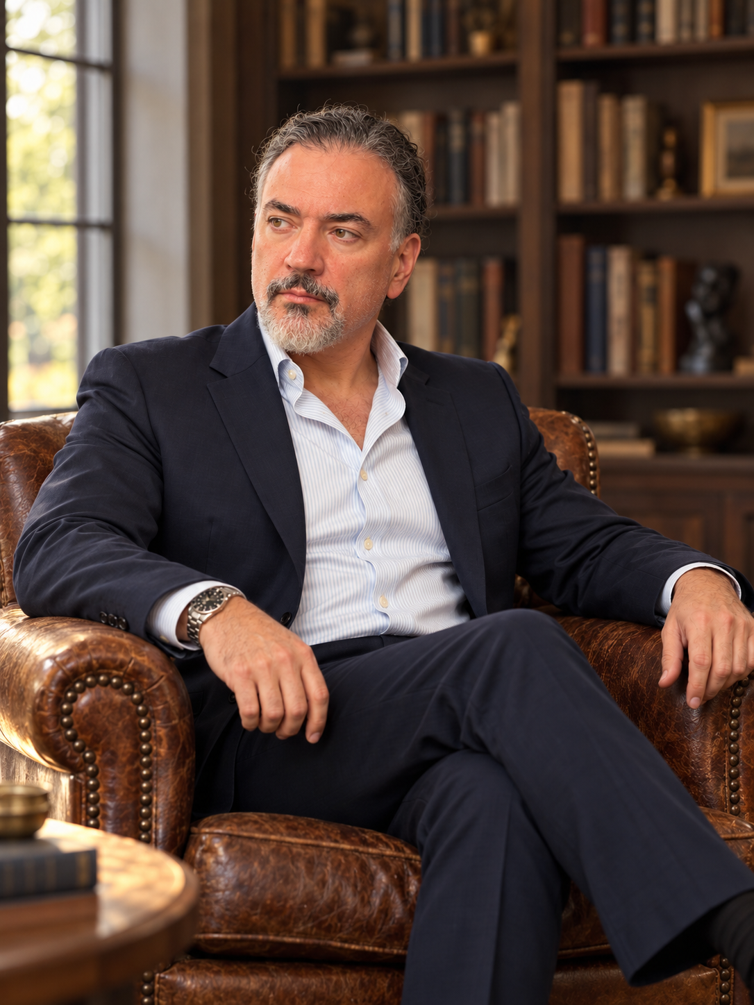 L.T. Ryan seated in a leather armchair in a library.