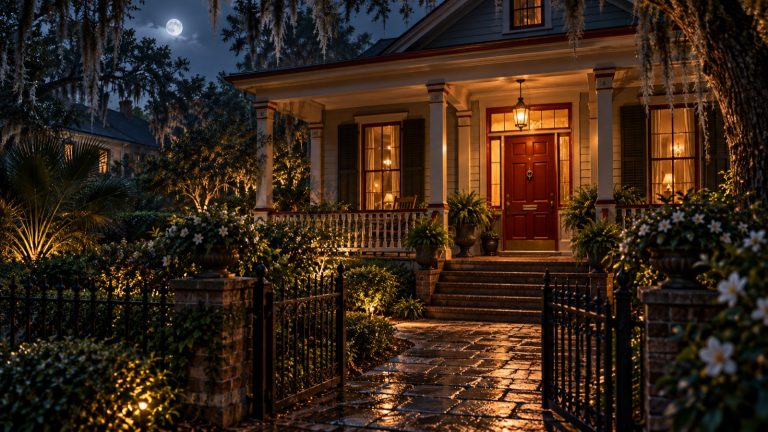 Editorial illustration of a gray bungalow with red trim, a garnet door, and a garden gate at night.