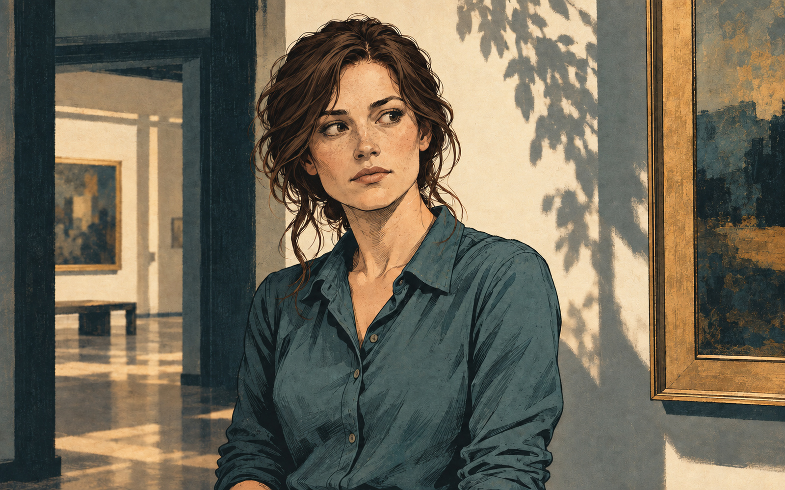 Ink portrait of dark-haired Cassie Quinn in a gallery.