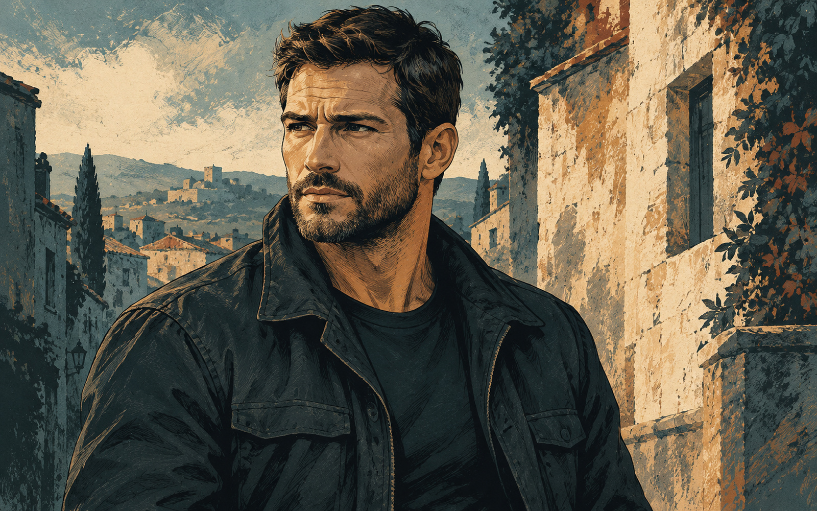Ink portrait of Jack Noble in a dark jacket on a quiet street.