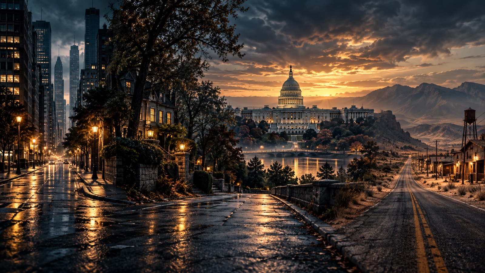 Editorial collage of a city street, a small-town home, Washington, and a remote desert road at dusk.