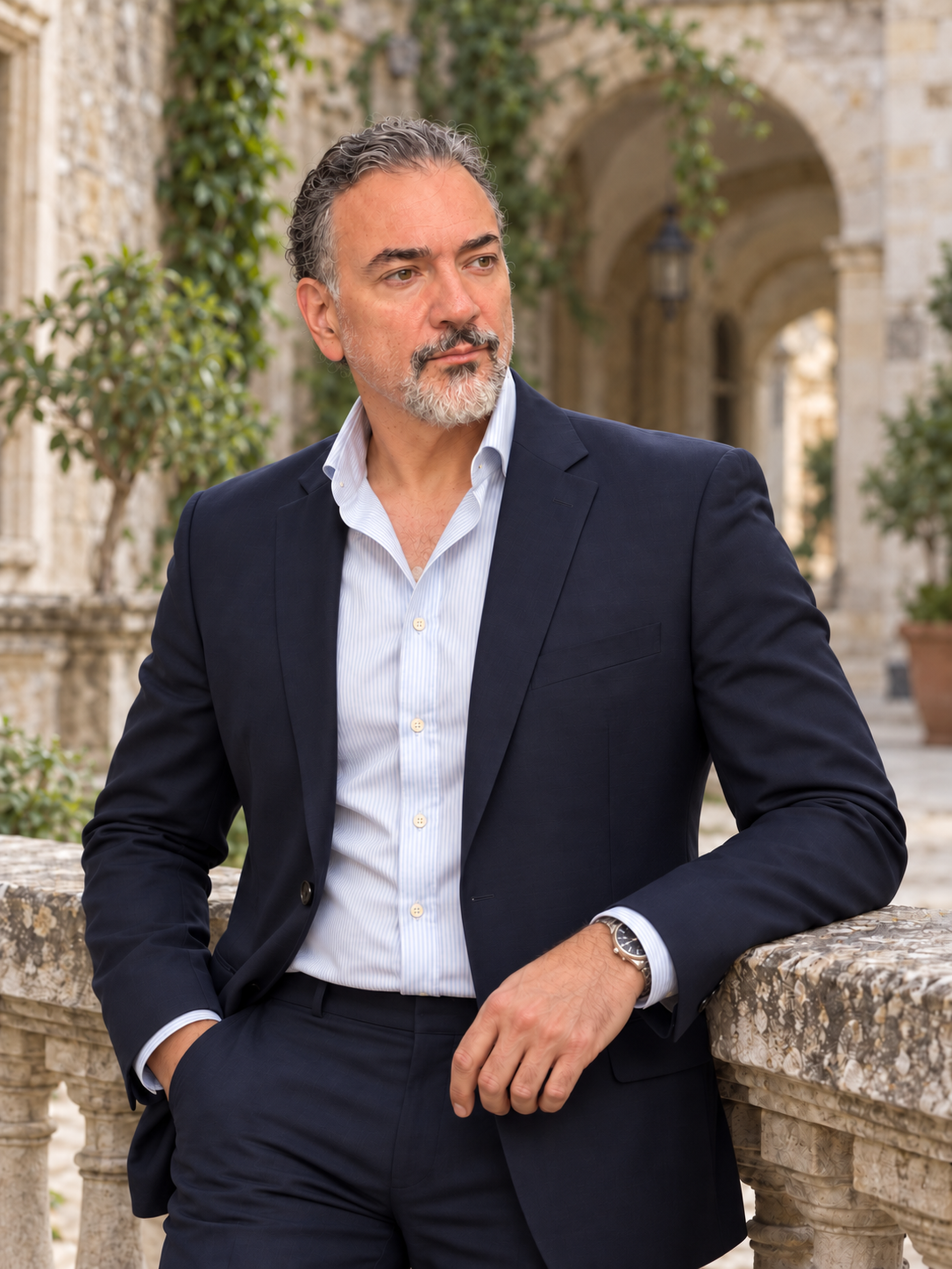 Portrait of L.T. Ryan leaning against a stone terrace railing in Tuscany