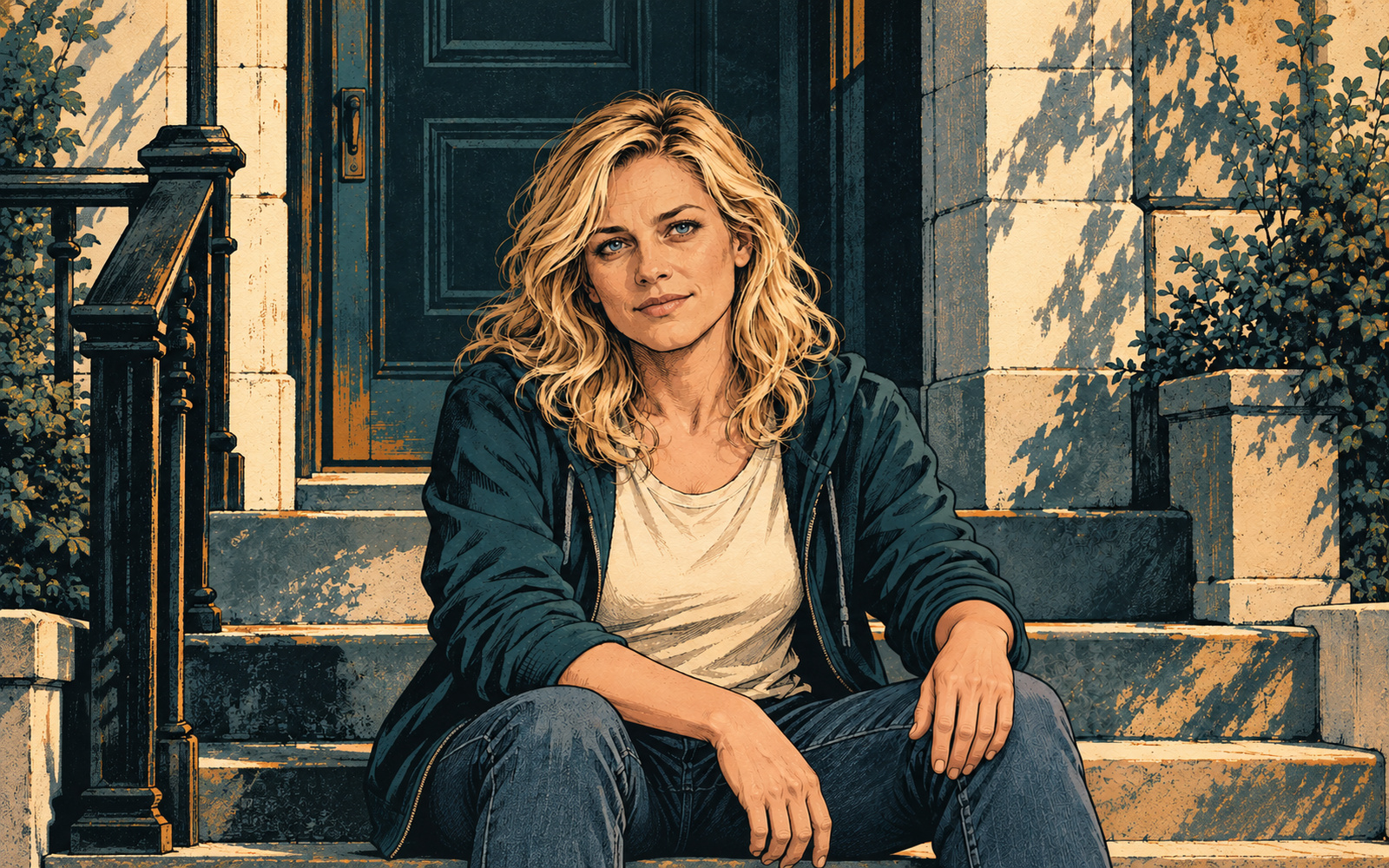 Ink portrait of blond Maddie Castle seated on steps.