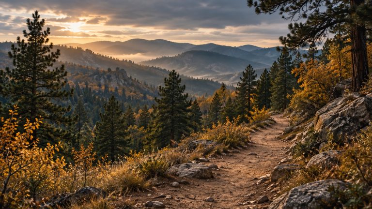 Editorial illustration of a winding mountain trail among pine trees at sunset.