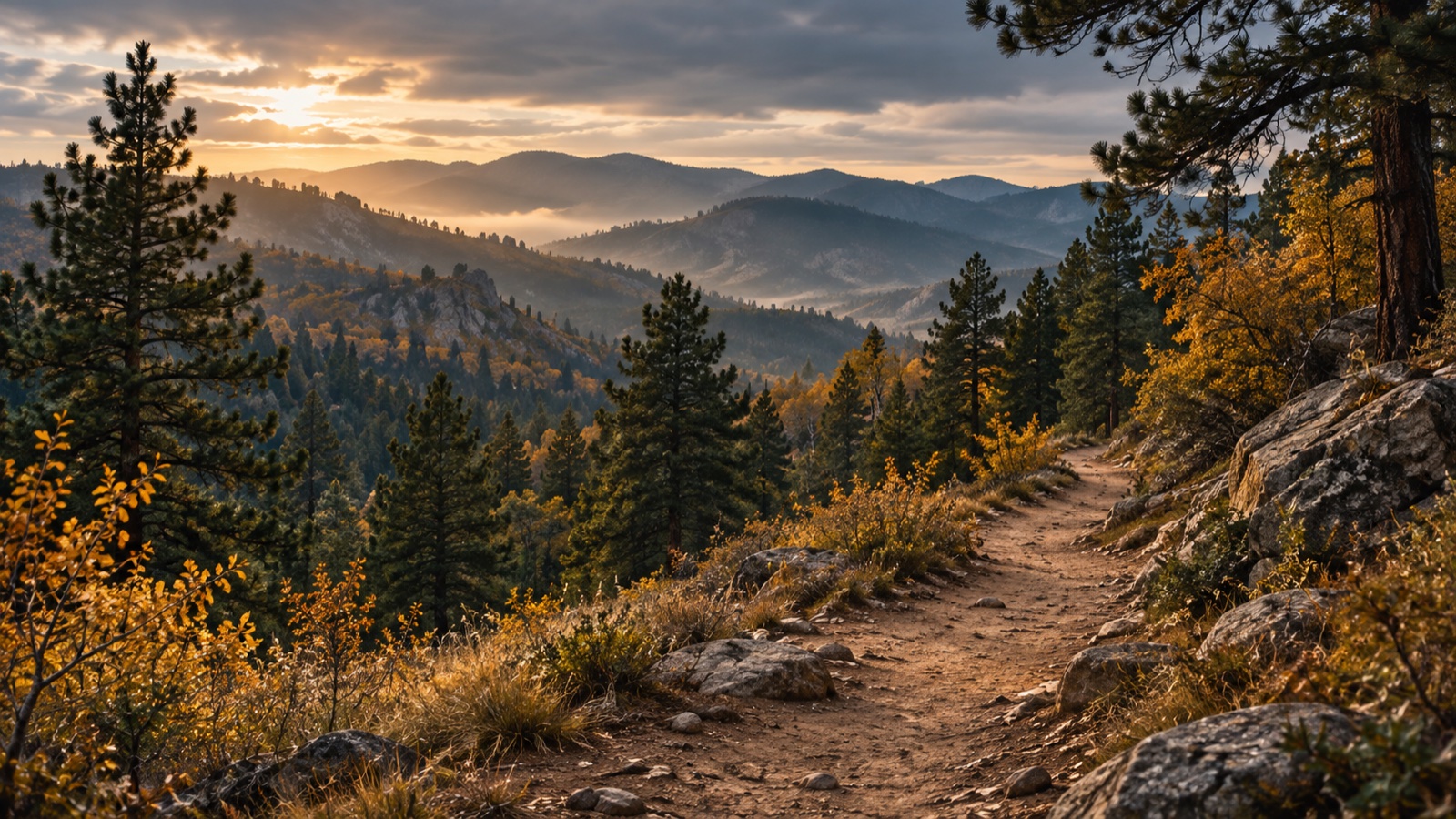 Editorial illustration of a winding mountain trail among pine trees at sunset.