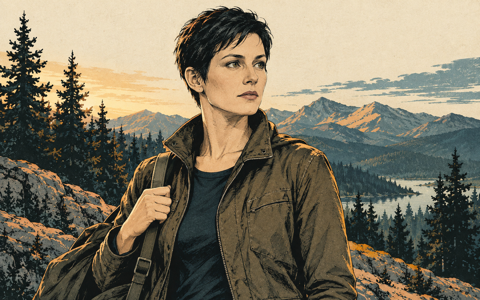 Ink portrait of Rachel Hatch with cropped black hair against a mountain backdrop.