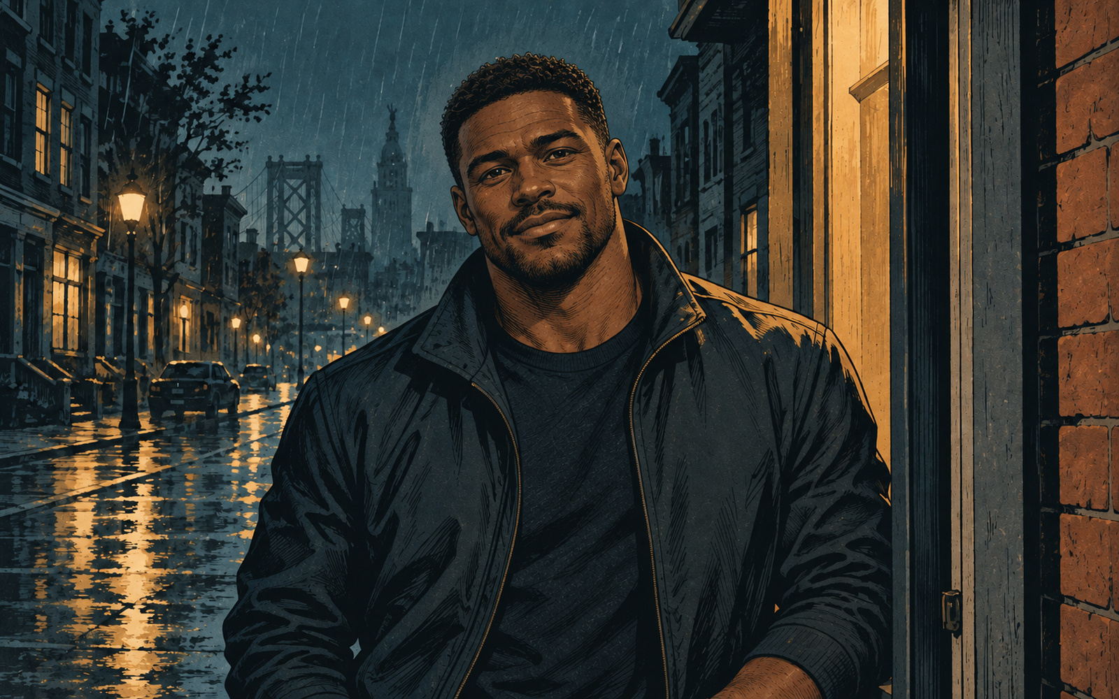 Ink portrait of Sam Foster in a dark jacket at a rain-lit doorway.