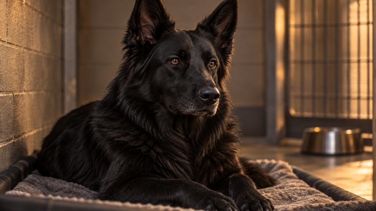 Editorial interpretation of Tempest, a black German shepherd with brown eyes resting in a kennel.