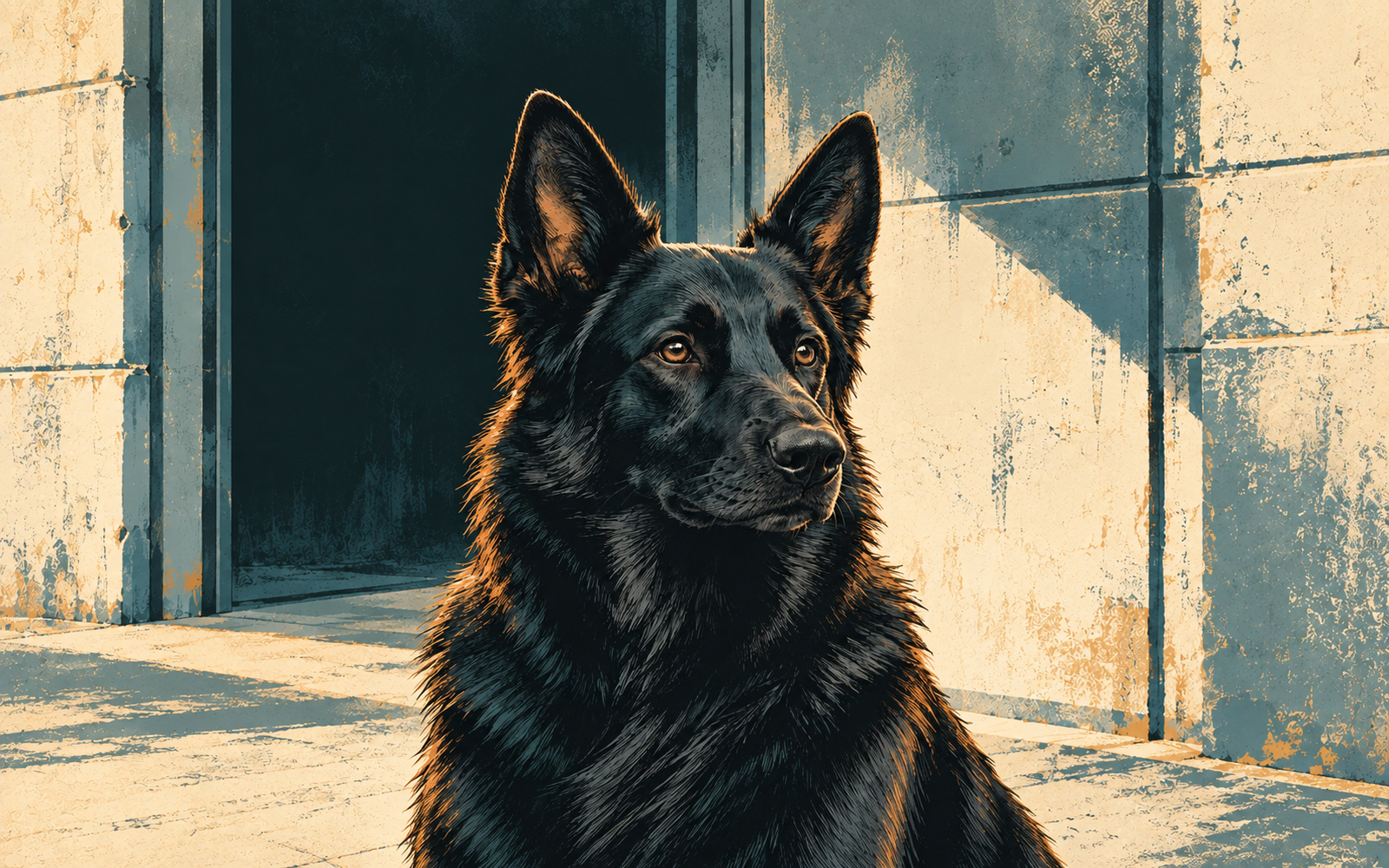 Ink portrait of Tempest, an alert black German Shepherd.