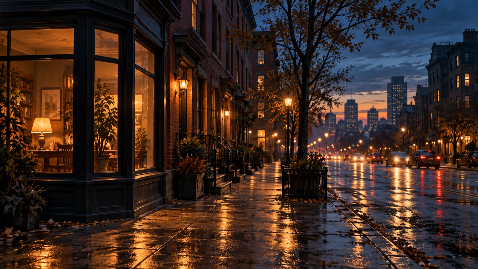 Editorial illustration of a rain-lit city street and a warmly lit corner room at dusk.